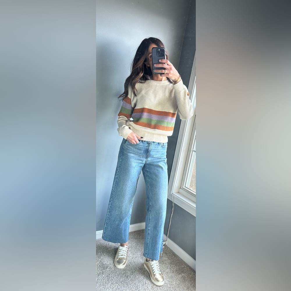 Kaileigh Striped Crew Neck Sweater in Cream and Earth Tones